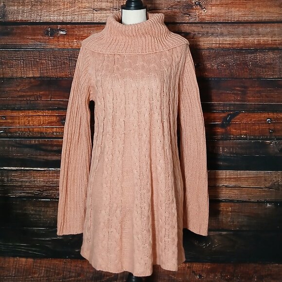 St Johns Bay Tunic Sweater Size L Pink Cable Knit Cowl Neck Long - Picture 2 of 9